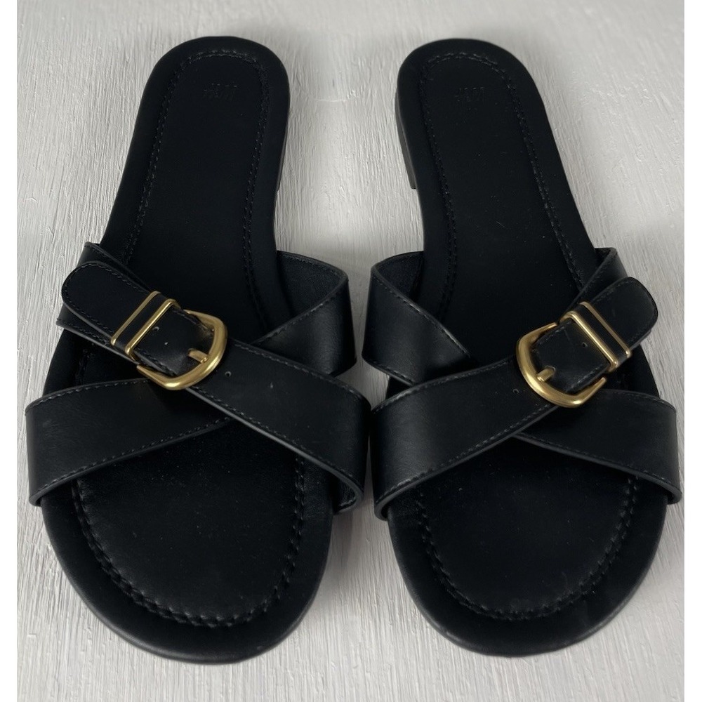 H&M‎ Women's Slide Sandals Size 39 US 8 Black Gold Buckle